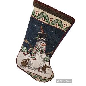 Christmas Stocking Snowman Holly Rabbits Trees Navy Blue Tapestry